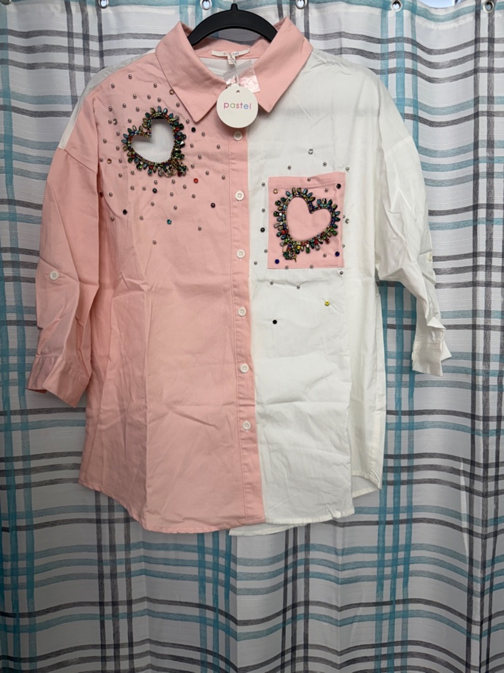 Pastels Pink & White Beaded Heart Button-Up Shirt